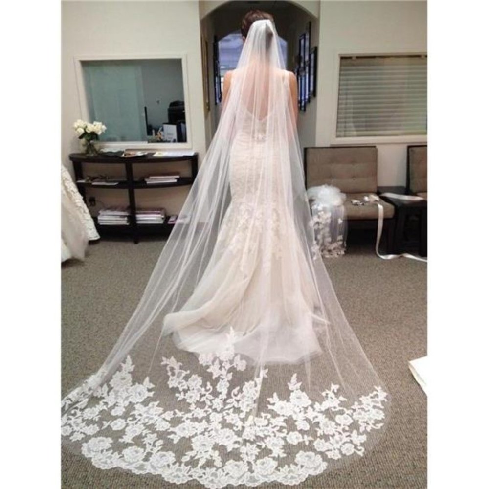 White Ivory Lace Edge Cathedral Length Wedding Bridal Veil with Comb
